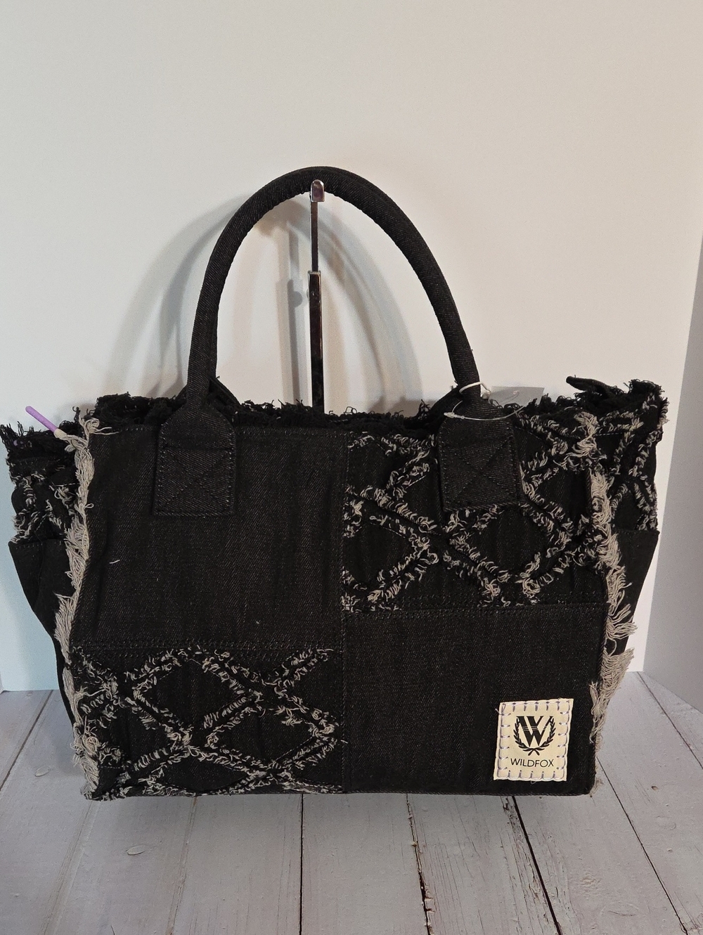 Wildfox Black Denim Patchwork Frayed Cross-Stitch Tote NWT